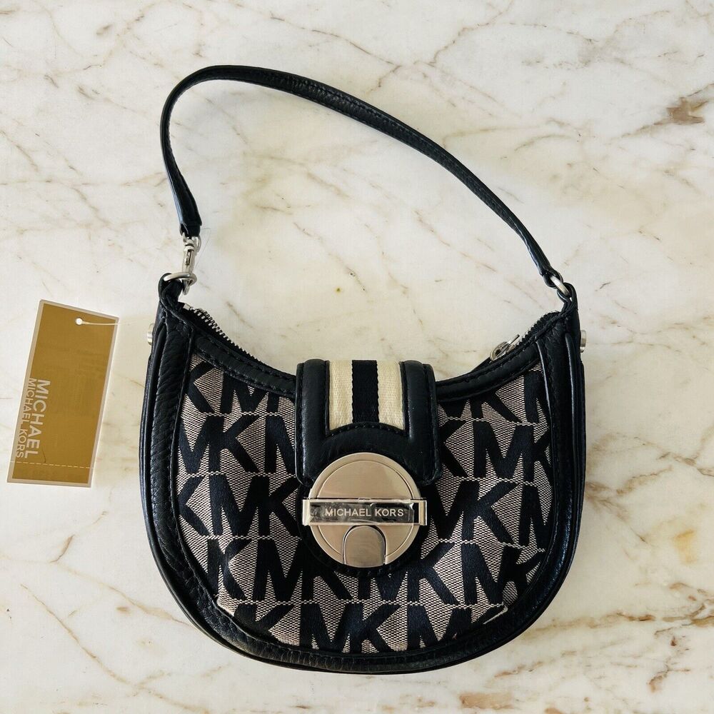 MICHAEL KORS Westbury Beige Black Classic Jacquard Small Demi Hobo Bag